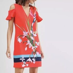 Ted Baker Leea Orange Colorful Floral Print Cold Shoulder Dress Size 2 V Neck
